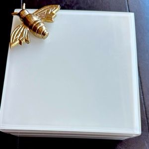 Rachel Zoe jewelry box:wooden with thick plastic layer:heavy metal golden bee